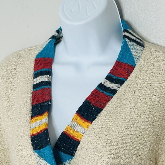 Faherty Cardigan Sweater M/L Beige Native Designed Crow Stripes Fringe Tie - Picture 3 of 7